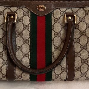 Vintage GUCCI Brown Sherry Ophidia GG PVC
Leather Boston Hand Bag Purse tote